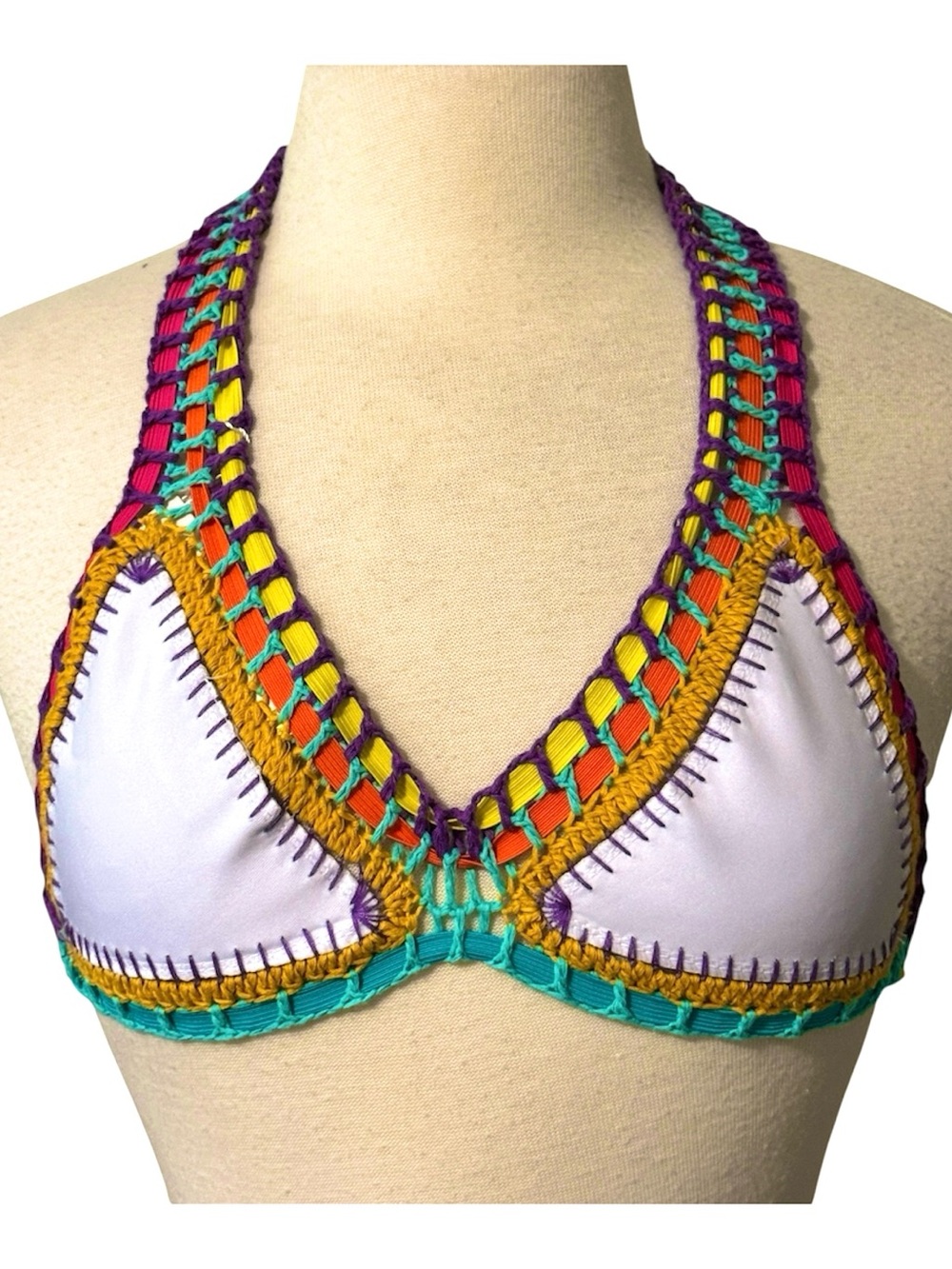 Luxsea Crochet-Trim White Halter Bikini Top with Multicolor Accents